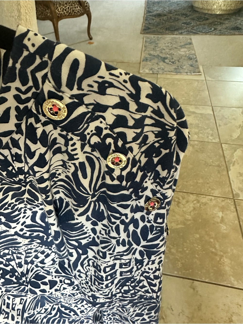 Lilly Pulitzer Navy Blue and White Printed Shift Dress with Pink & Aqua Border - Picture 3 of 3